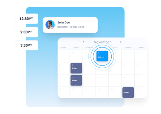 Illustration of automated webinar software dashboard showing a calendar with scheduled sessions, showcasing webinar automation, on-demand replays, and evergreen revenue generation.