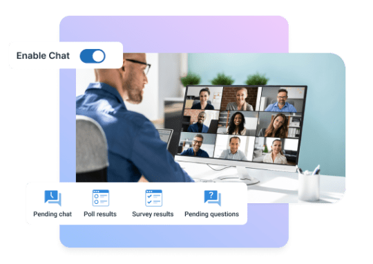 Man hosting a live webinar with multiple participants on screen, showing active chat, polls, and Q&A tools that enhance audience engagement.