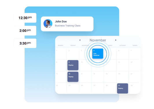 Illustration of automated webinar software dashboard showing a calendar with scheduled sessions, showcasing webinar automation, on-demand replays, and evergreen revenue generation.