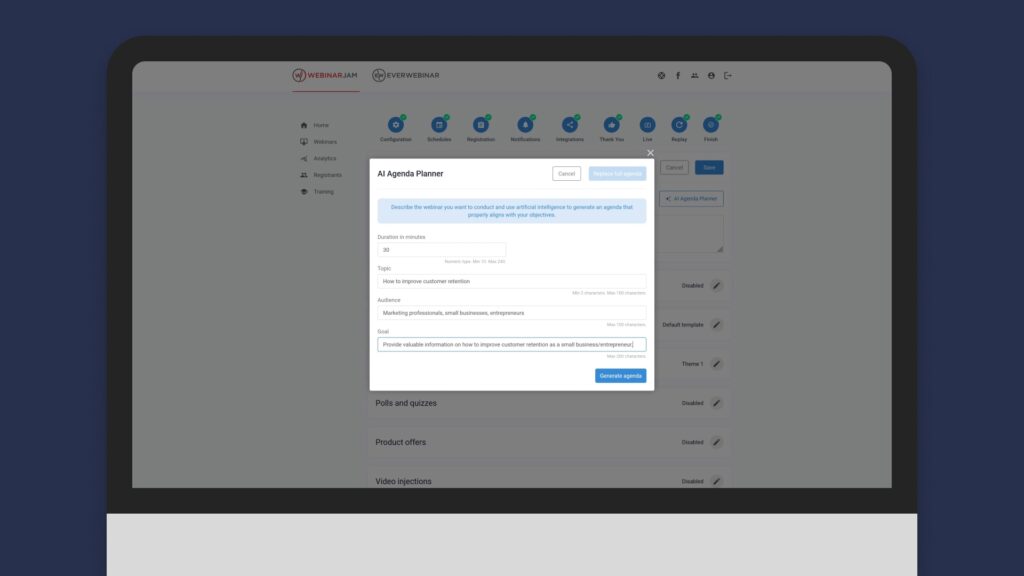 A screenshot of WebinarJam's AI Agenda Planner