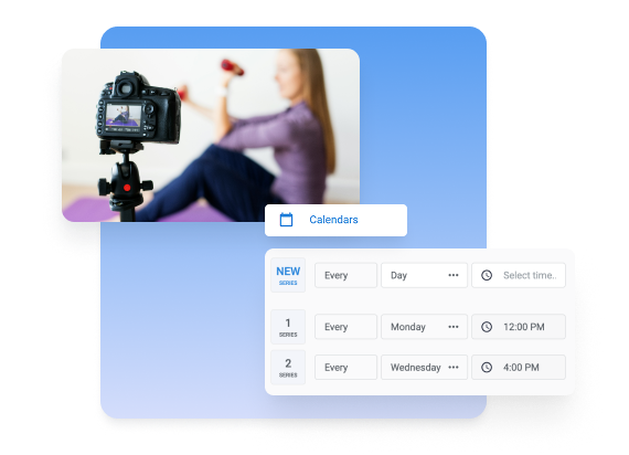 Woman recording a webinar with a camera, shown beside a digital calendar interface that highlights flexible and recurring webinar scheduling options.