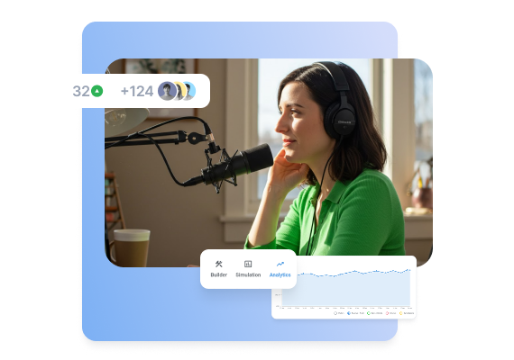 Woman hosting a webinar with headphones and microphone, representing real-time analytics and engagement tracking for webinar performance.