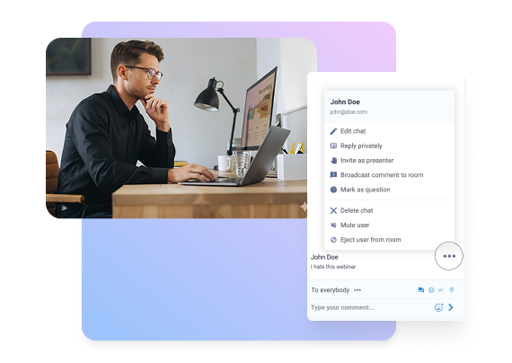 Man working on a laptop beside a messaging interface, representing automated email and SMS tools for webinar reminders and audience engagement.