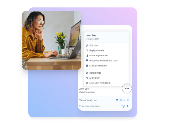 Woman working on a laptop with a messaging interface on screen, representing automated email and SMS tools for webinar marketing and engagement.