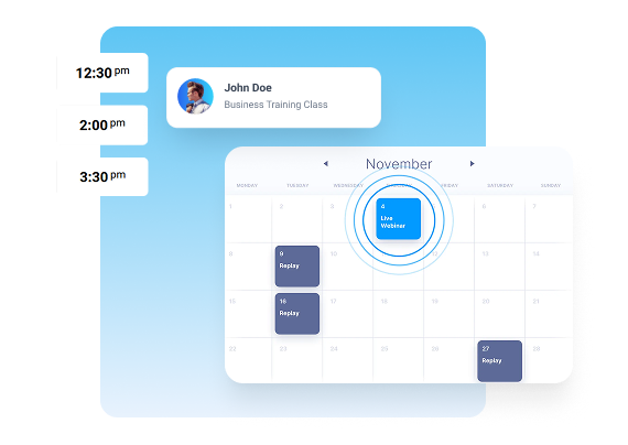 Illustration of automated webinar software dashboard showing a calendar with scheduled sessions, showcasing webinar automation, on-demand replays, and evergreen revenue generation.