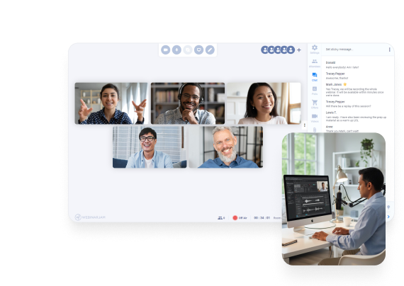 Host conducting an online webinar effortlessly, showing how users can launch and join live sessions with just one click.