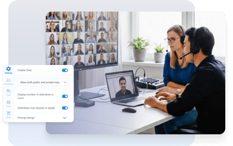 A team leads an interactive live webinar with multiple participants, showing how to keep audiences engaged and connected.