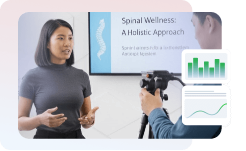 A presenter hosts a professional webinar with on-screen analytics, highlighting tools that help market and monetize online events.