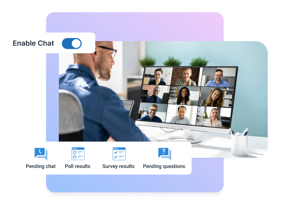 Man hosting a live webinar with multiple participants on screen, showing active chat, polls, and Q&A tools that enhance audience engagement.