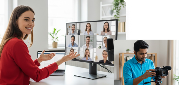 Woman hosting a video conference with multiple participants while a man adjusts a camera, representing teamwork in creating professional webinars.