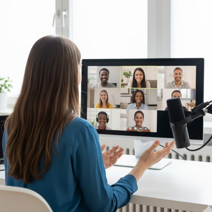 Woman hosting a live webinar with multiple participants on screen, representing interactive online presentations and virtual event engagement.