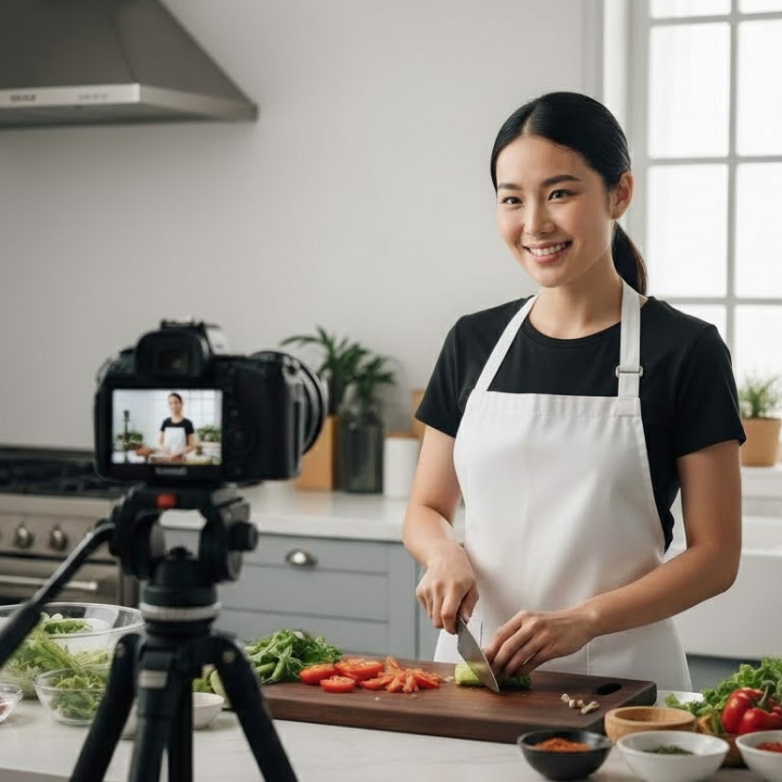 Woman filming a cooking tutorial in her kitchen, representing creators using webinars to share skills and connect with audiences online.