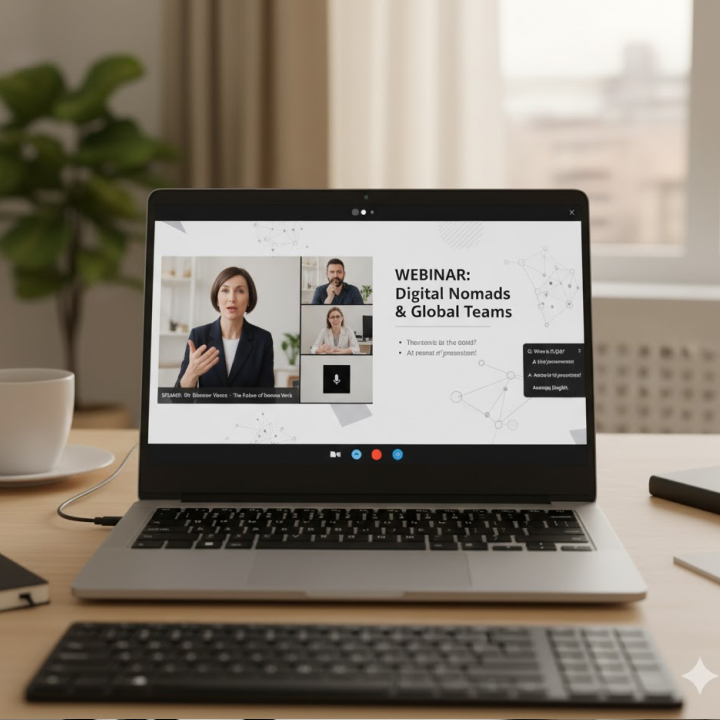 Laptop showing a live webinar titled “Digital Nomads & Global Teams,” featuring multiple speakers, representing virtual collaboration and online events.