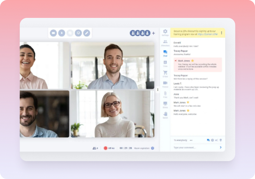 Virtual conference interface featuring live chat, moderation tools, and multi-speaker video to sustain audience engagement.