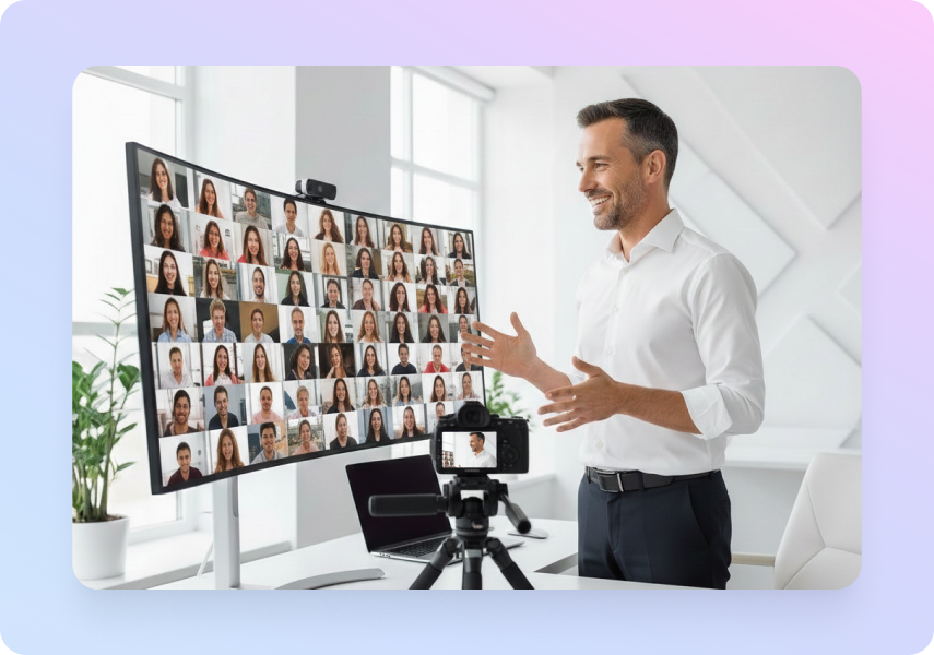 A professional host managing a high-attendance live stream with a large audience gallery view, supported by built-in safety features.