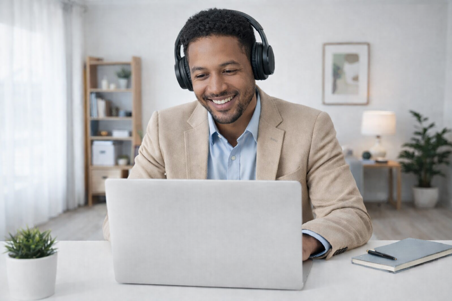 Smiling man wearing headphones looks at his laptop while presenting a webinar from a bright, modern home office with plants, shelving, and a notebook on the desk.