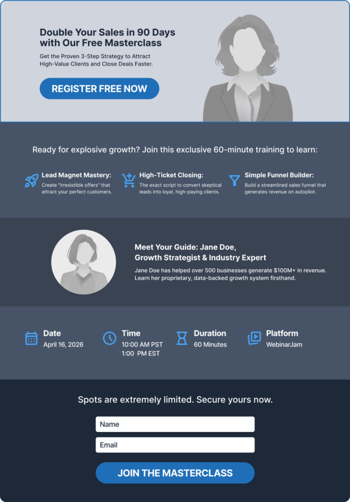 simple webinar landing page wireframe structure