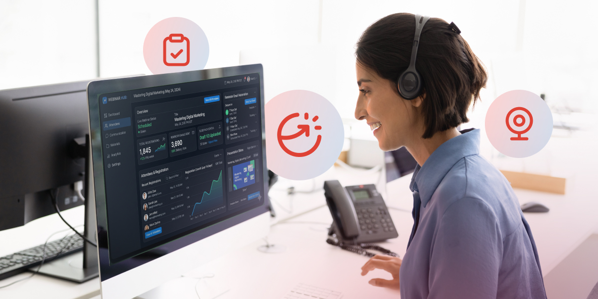 Professional webinar host preparing a live webinar with checklist, slides, and webinar dashboard