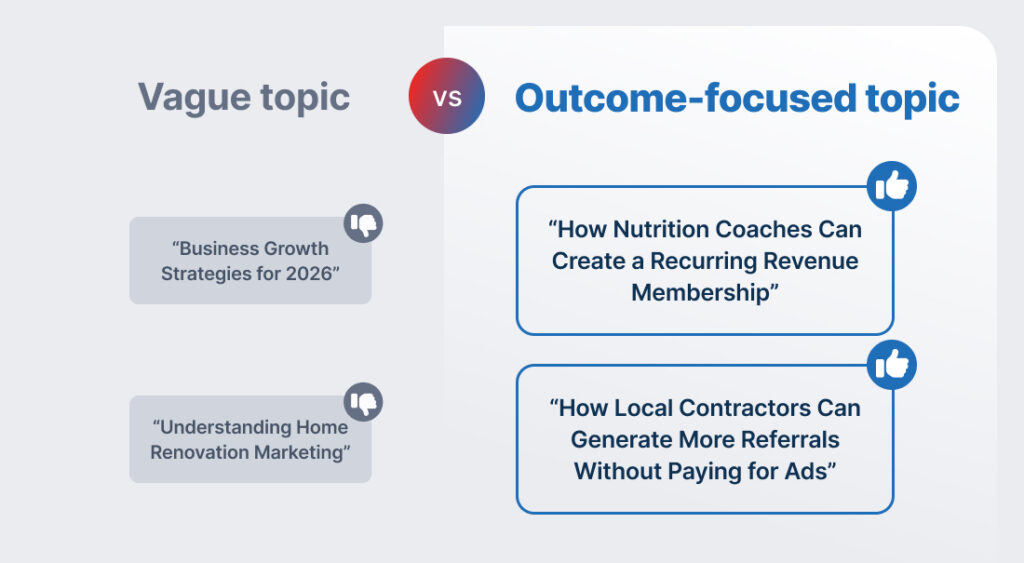 Comparison of vague webinar titles versus specific outcome-driven webinar titles.