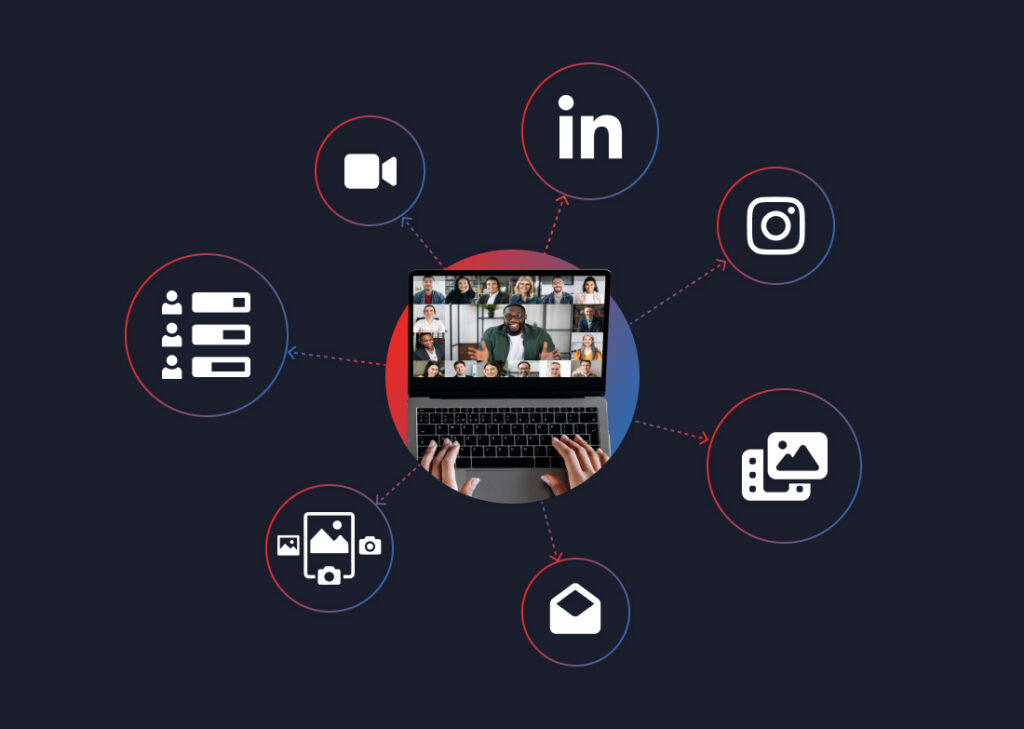 Content repurposing graphic showing how one webinar topic becomes multiple social media assets.