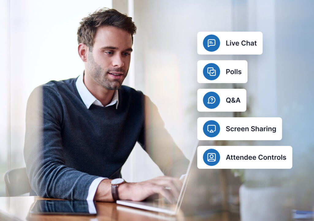 Visual overview of essential webinar engagement tools including chat, polls, and Q&A.
