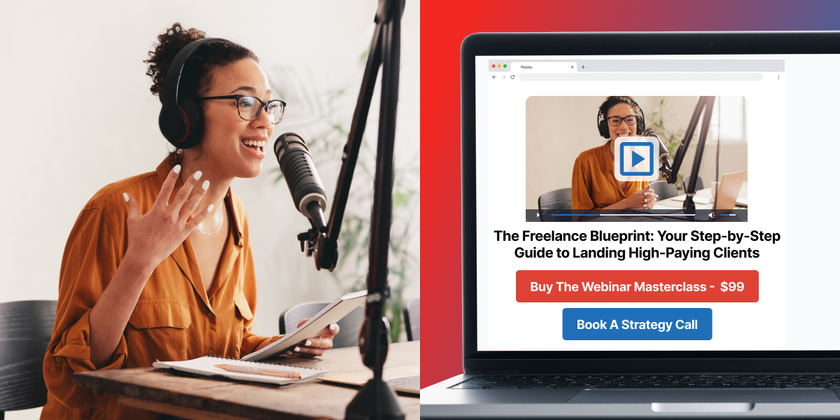 A split graphic showing a professional presenting a live webinar next to a recorded webinar replay interface featuring a clear call-to-action button.