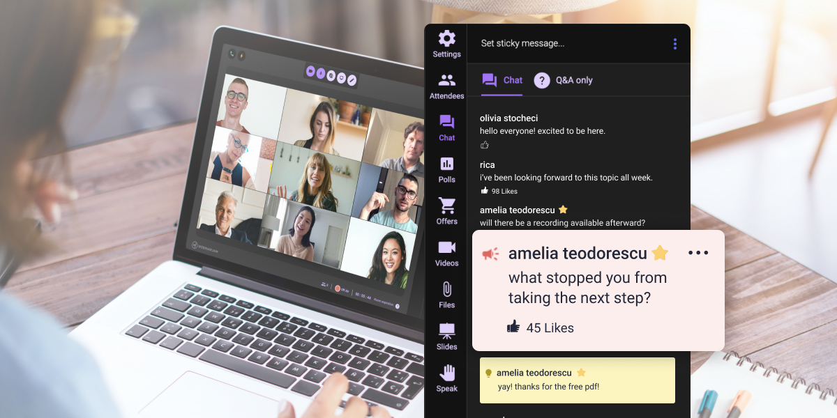 A laptop screen showing a live digital webinar alongside a highlighted post-webinar feedback survey with diagnostic questions, representing customer insight.