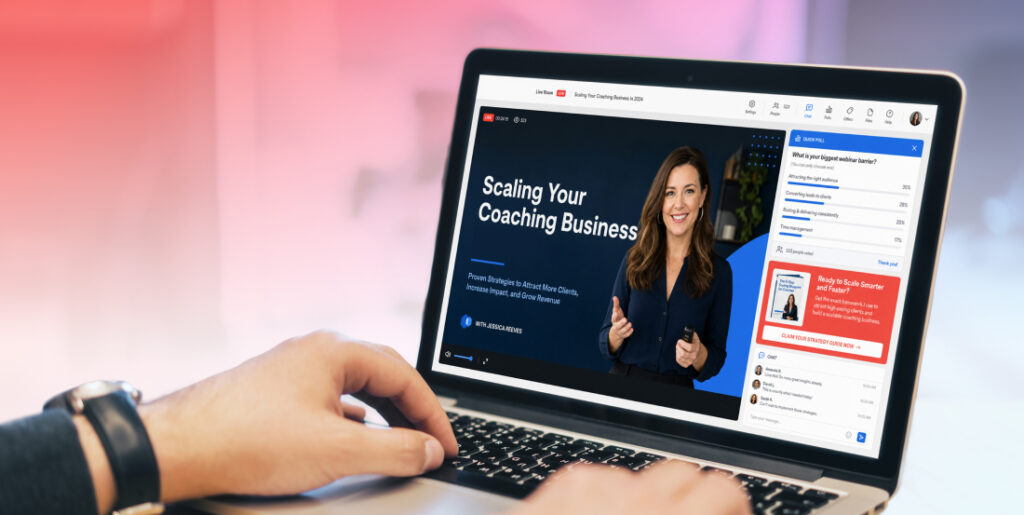 Laptop screen displaying a live webinar coaching presentation with interactive polls, chat, and offers.