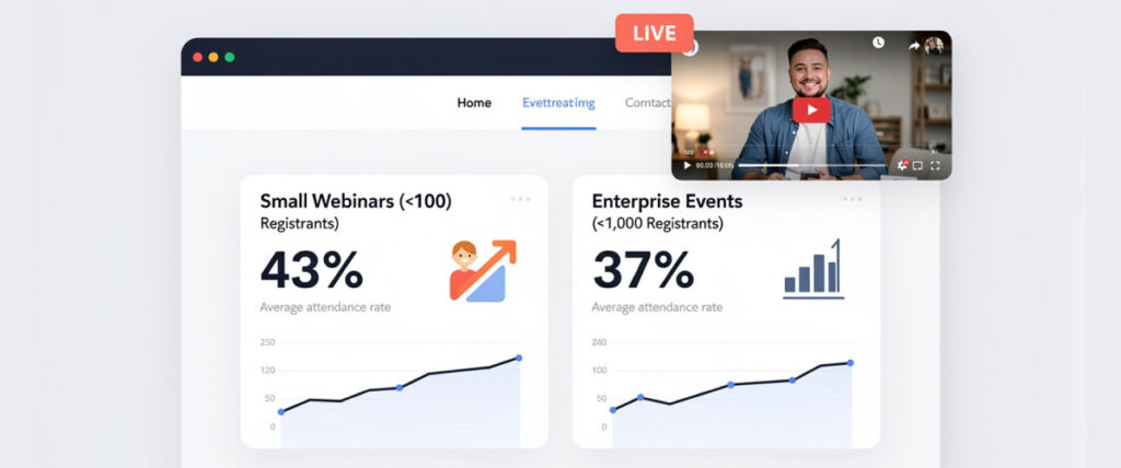 WebinarJam analytics dashboard comparing webinar attendance rates by registrant group size.