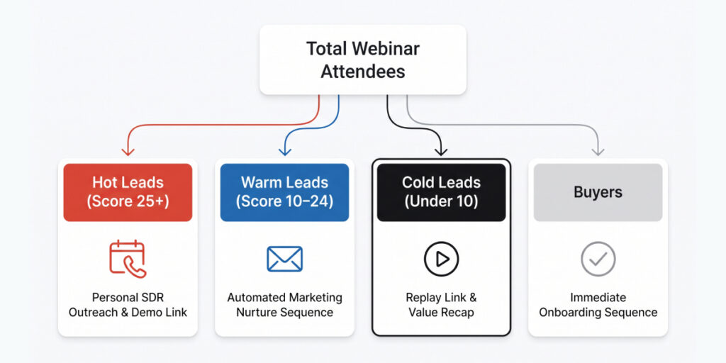 Post-webinar lead scoring flow diagram showing follow-up routes for hot, warm, cold leads, and buyers.