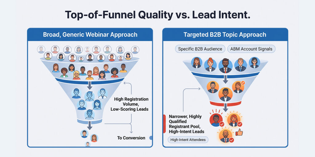 Diagram comparing broad webinar registration volume against targeted high-intent lead generation strategies.